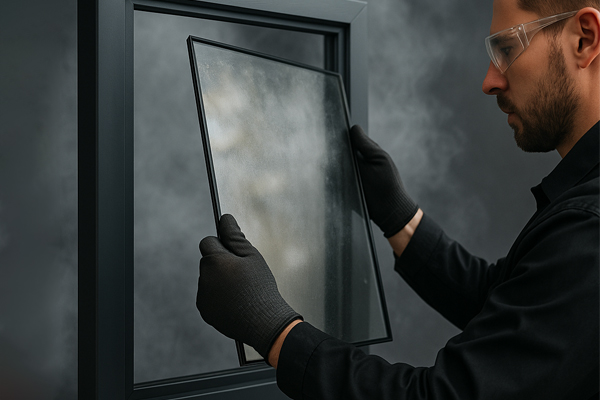 A close-up of a foggy double-pane window before repair.